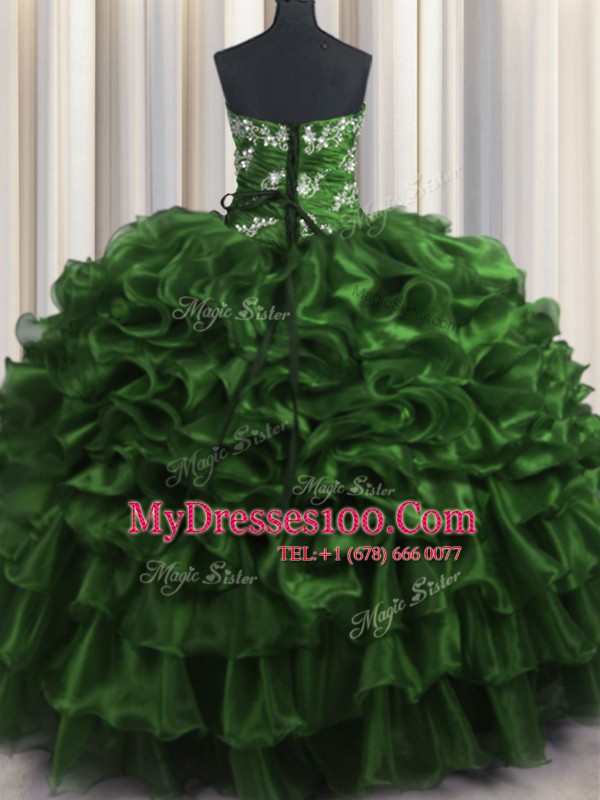 Ruffled Layers Dark Green Sleeveless Organza Lace Up 15 Quinceanera Dress