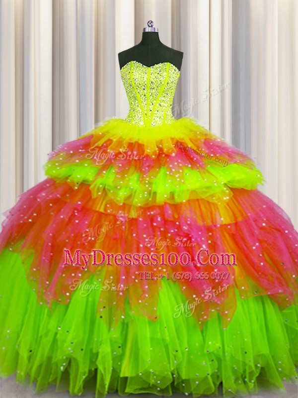 Bling-bling Visible Boning Multi-color Sleeveless Floor Length Beading and Ruffles and Ruffled Layers and Sequins Lace Up Sweet 16 Dress