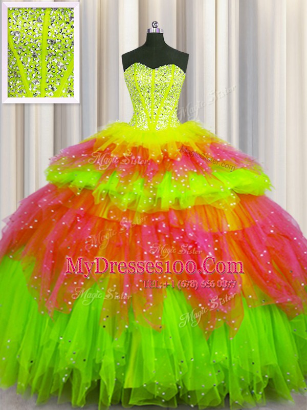 Bling-bling Visible Boning Multi-color Sleeveless Floor Length Beading and Ruffles and Ruffled Layers and Sequins Lace Up Sweet 16 Dress