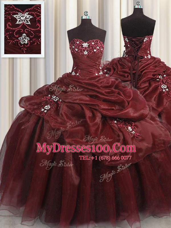 Burgundy Organza Lace Up Sweet 16 Dress Sleeveless Floor Length Beading and Appliques and Pick Ups