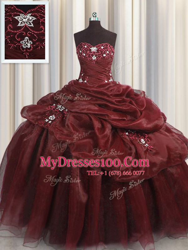 Burgundy Organza Lace Up Sweet 16 Dress Sleeveless Floor Length Beading and Appliques and Pick Ups