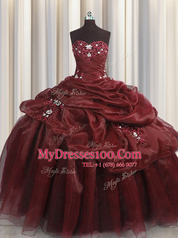 Burgundy Organza Lace Up Sweet 16 Dress Sleeveless Floor Length Beading and Appliques and Pick Ups