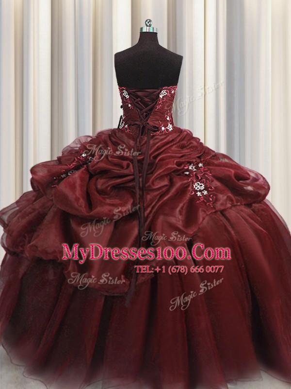 Burgundy Organza Lace Up Sweet 16 Dress Sleeveless Floor Length Beading and Appliques and Pick Ups