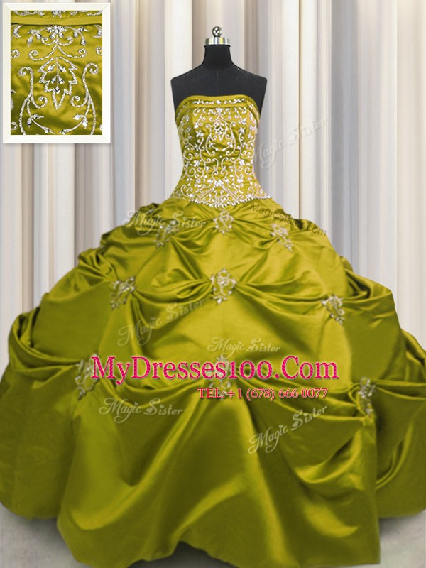Olive Green Ball Gowns Beading and Appliques and Embroidery Quinceanera Dresses Lace Up Taffeta Sleeveless Floor Length