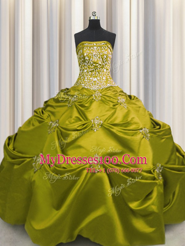 Olive Green Ball Gowns Beading and Appliques and Embroidery Quinceanera Dresses Lace Up Taffeta Sleeveless Floor Length