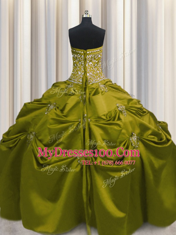 Olive Green Ball Gowns Beading and Appliques and Embroidery Quinceanera Dresses Lace Up Taffeta Sleeveless Floor Length