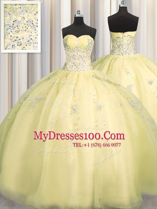 Really Puffy Ball Gowns Sweet 16 Dress Light Yellow Sweetheart Organza Sleeveless Floor Length Zipper
