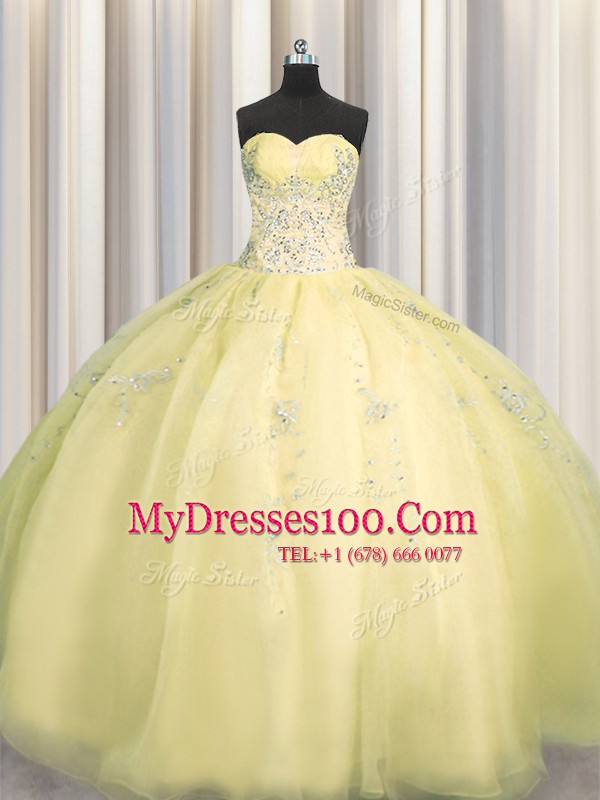 Really Puffy Ball Gowns Sweet 16 Dress Light Yellow Sweetheart Organza Sleeveless Floor Length Zipper