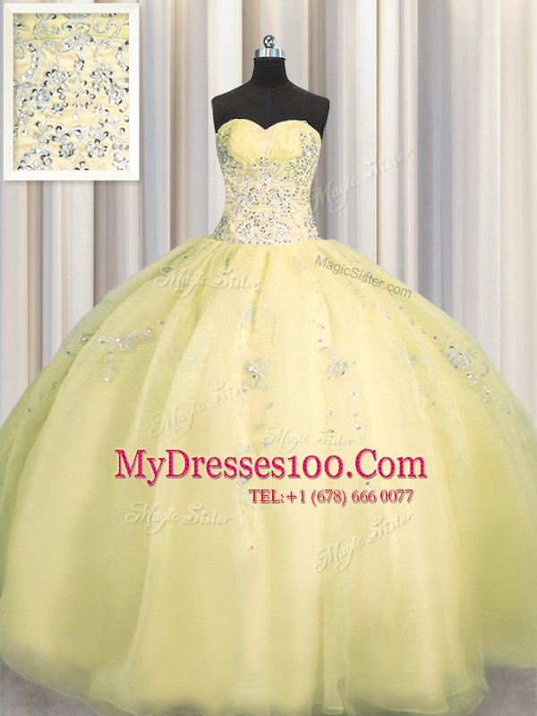 Really Puffy Ball Gowns Sweet 16 Dress Light Yellow Sweetheart Organza Sleeveless Floor Length Zipper