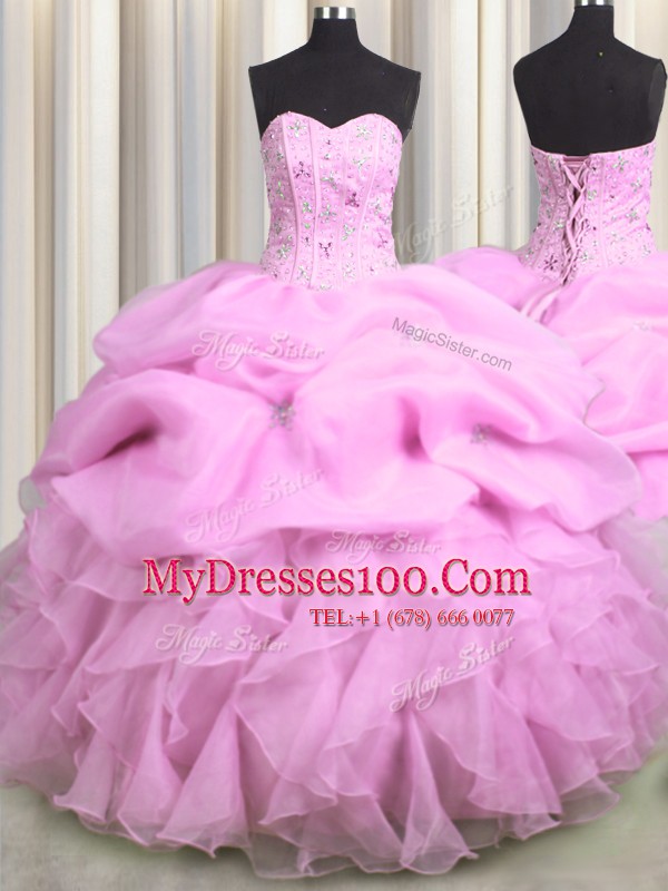 Visible Boning Sweetheart Sleeveless Organza Quinceanera Dresses Beading and Ruffles and Pick Ups Lace Up