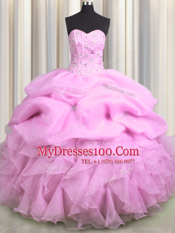 Visible Boning Sweetheart Sleeveless Organza Quinceanera Dresses Beading and Ruffles and Pick Ups Lace Up