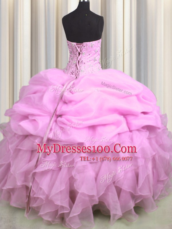 Visible Boning Sweetheart Sleeveless Organza Quinceanera Dresses Beading and Ruffles and Pick Ups Lace Up