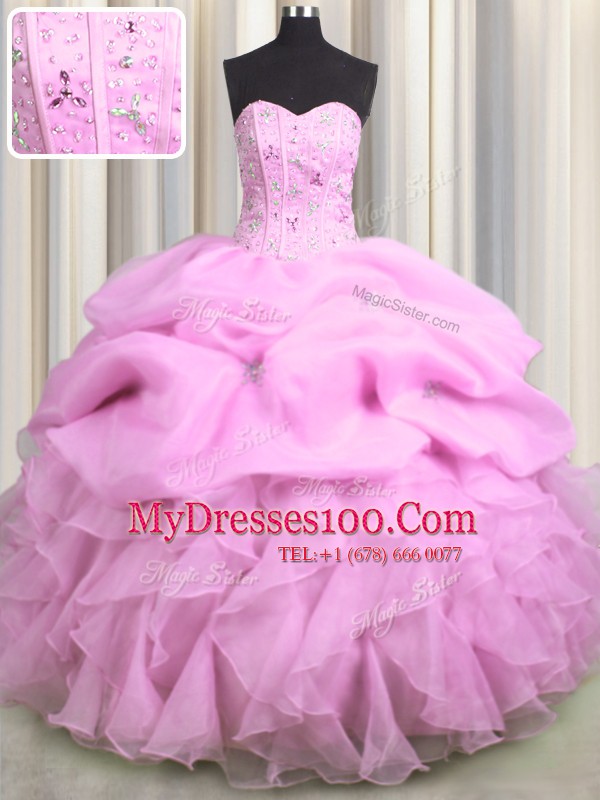 Visible Boning Sweetheart Sleeveless Organza Quinceanera Dresses Beading and Ruffles and Pick Ups Lace Up