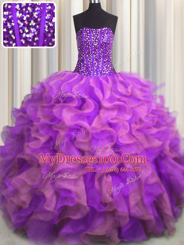 Visible Boning Beaded Bodice Multi-color Ball Gowns Beading and Ruffles Quinceanera Gowns Lace Up Organza Sleeveless Floor Length