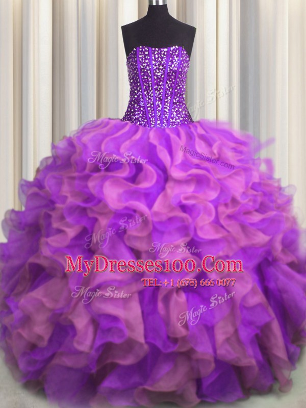 Visible Boning Beaded Bodice Multi-color Ball Gowns Beading and Ruffles Quinceanera Gowns Lace Up Organza Sleeveless Floor Length