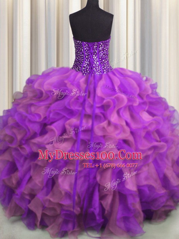 Visible Boning Beaded Bodice Multi-color Ball Gowns Beading and Ruffles Quinceanera Gowns Lace Up Organza Sleeveless Floor Length