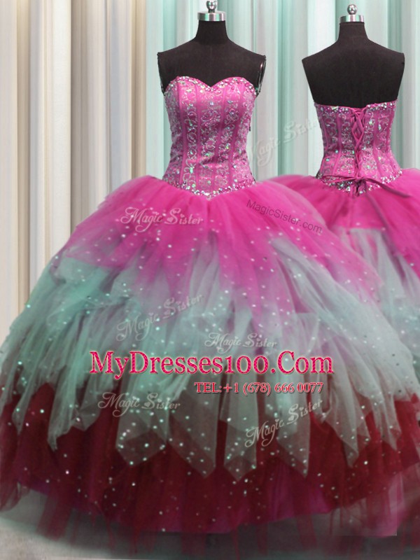 Wonderful Visible Boning Multi-color Ball Gowns Beading and Ruffles and Sequins Sweet 16 Dress Lace Up Tulle Sleeveless Floor Length