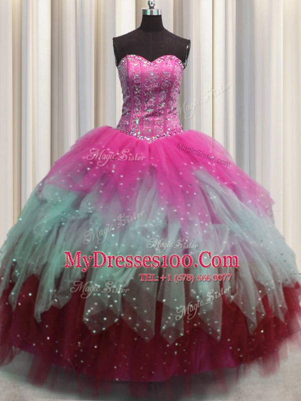 Wonderful Visible Boning Multi-color Ball Gowns Beading and Ruffles and Sequins Sweet 16 Dress Lace Up Tulle Sleeveless Floor Length