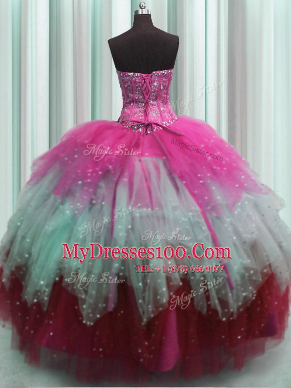 Wonderful Visible Boning Multi-color Ball Gowns Beading and Ruffles and Sequins Sweet 16 Dress Lace Up Tulle Sleeveless Floor Length
