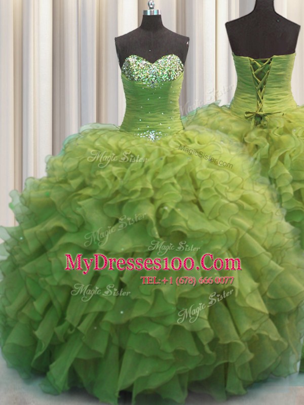 Designer Beaded Bust Olive Green Lace Up Quinceanera Gown Beading and Ruffles Sleeveless Floor Length