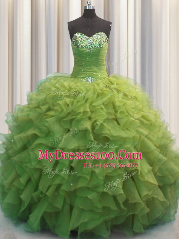 Designer Beaded Bust Olive Green Lace Up Quinceanera Gown Beading and Ruffles Sleeveless Floor Length