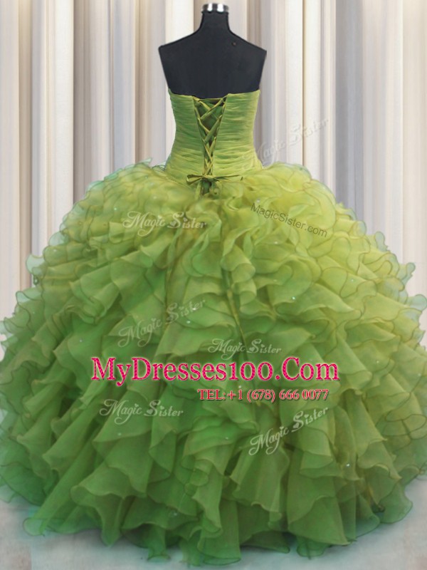 Designer Beaded Bust Olive Green Lace Up Quinceanera Gown Beading and Ruffles Sleeveless Floor Length