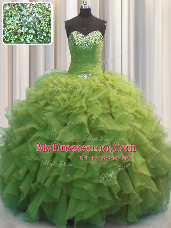 Designer Beaded Bust Olive Green Lace Up Quinceanera Gown Beading and Ruffles Sleeveless Floor Length
