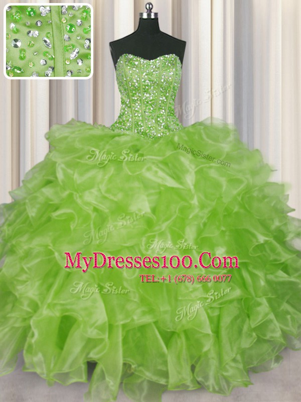 Visible Boning Yellow Green Organza Lace Up Strapless Sleeveless Floor Length Ball Gown Prom Dress Beading and Ruffles