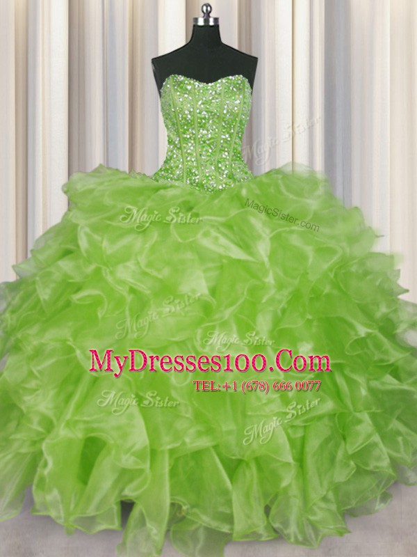 Visible Boning Yellow Green Organza Lace Up Strapless Sleeveless Floor Length Ball Gown Prom Dress Beading and Ruffles