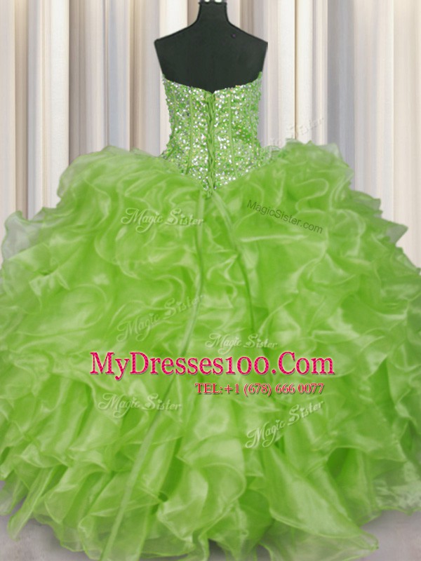 Visible Boning Yellow Green Organza Lace Up Strapless Sleeveless Floor Length Ball Gown Prom Dress Beading and Ruffles