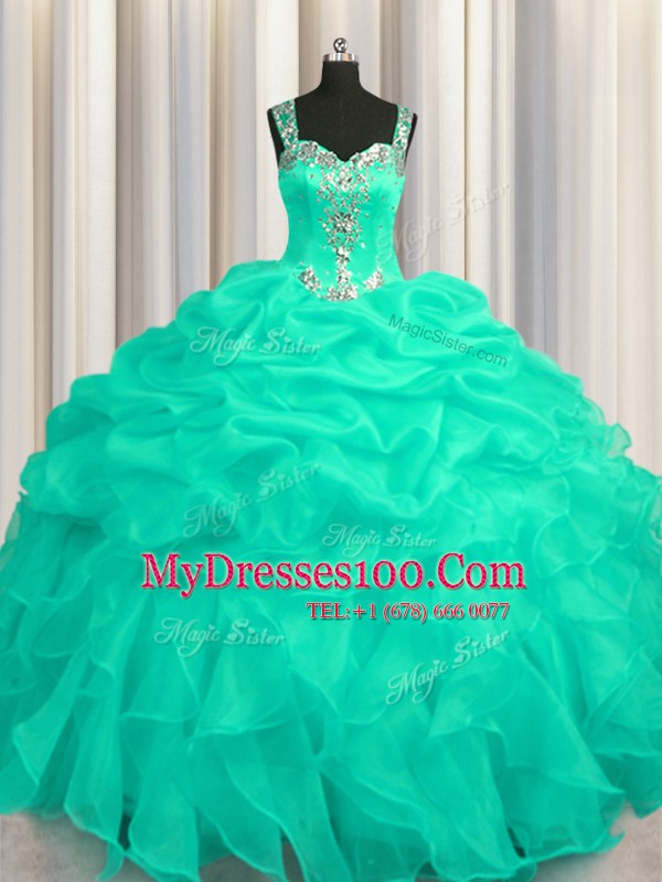 Amazing See Through Zipper Up Straps Sleeveless Vestidos de Quinceanera Floor Length Appliques and Ruffles Turquoise Organza