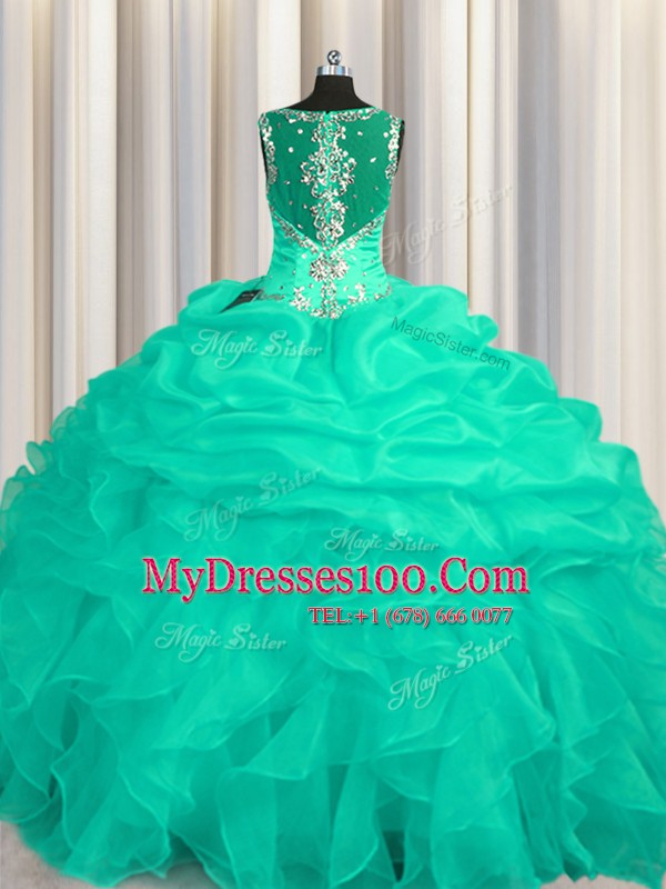 Amazing See Through Zipper Up Straps Sleeveless Vestidos de Quinceanera Floor Length Appliques and Ruffles Turquoise Organza