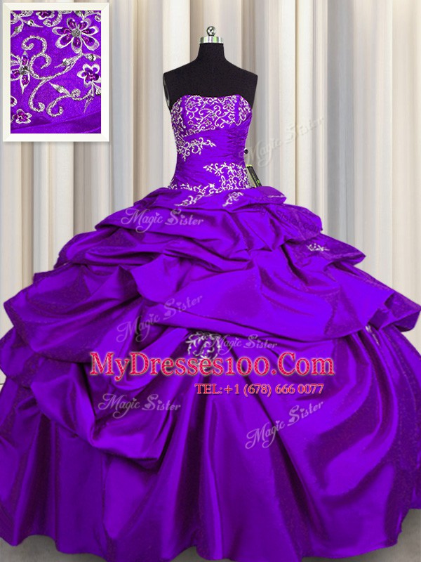 Purple Ball Gowns Strapless Sleeveless Taffeta Floor Length Lace Up Appliques and Pick Ups Quinceanera Gowns