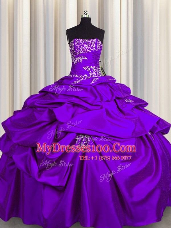 Purple Ball Gowns Strapless Sleeveless Taffeta Floor Length Lace Up Appliques and Pick Ups Quinceanera Gowns