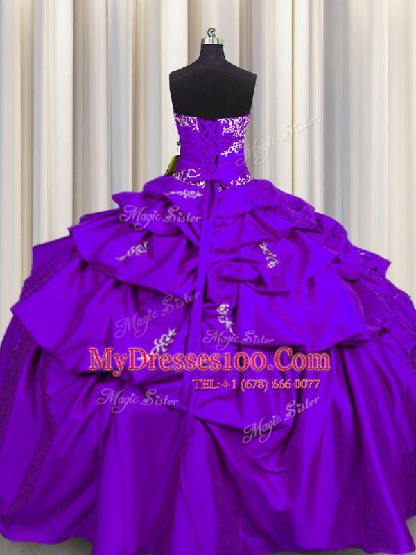 Purple Ball Gowns Strapless Sleeveless Taffeta Floor Length Lace Up Appliques and Pick Ups Quinceanera Gowns