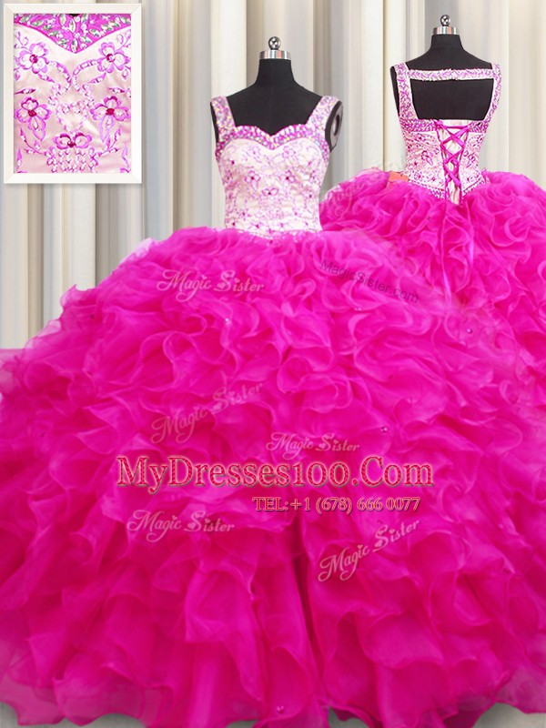 Organza Straps Sleeveless Lace Up Beading and Ruffles Quinceanera Gown in Fuchsia