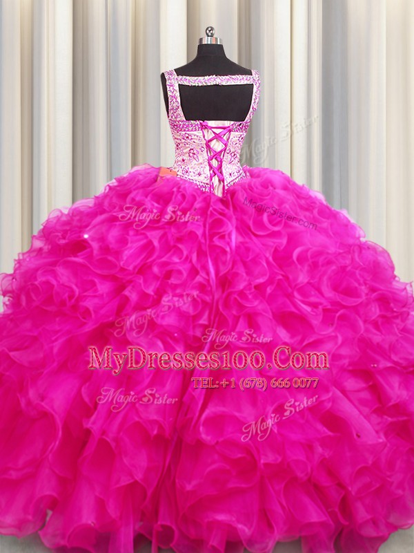 Organza Straps Sleeveless Lace Up Beading and Ruffles Quinceanera Gown in Fuchsia