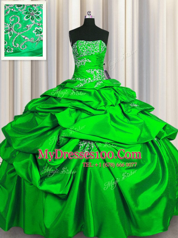 Sexy Green Lace Up Strapless Appliques and Pick Ups Quince Ball Gowns Taffeta Sleeveless