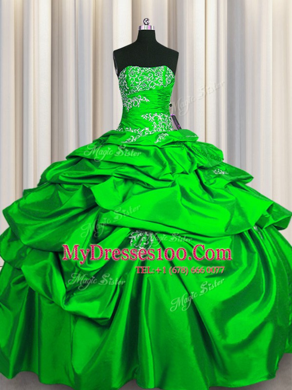 Sexy Green Lace Up Strapless Appliques and Pick Ups Quince Ball Gowns Taffeta Sleeveless