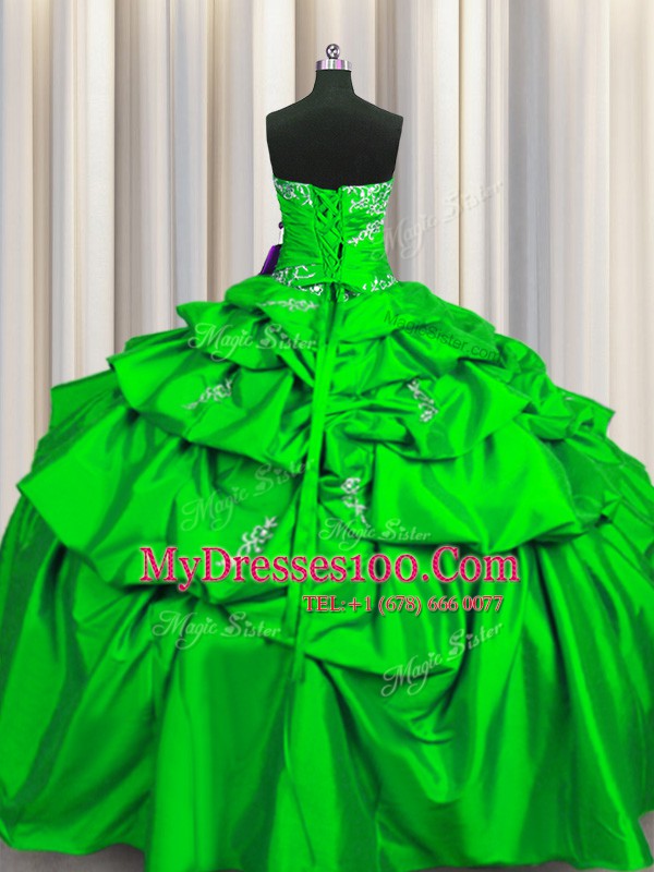 Sexy Green Lace Up Strapless Appliques and Pick Ups Quince Ball Gowns Taffeta Sleeveless