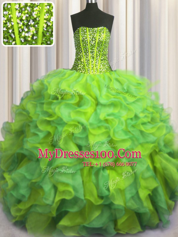 Visible Boning Beaded Bodice Sleeveless Floor Length Beading and Ruffles Lace Up Sweet 16 Dress with Multi-color