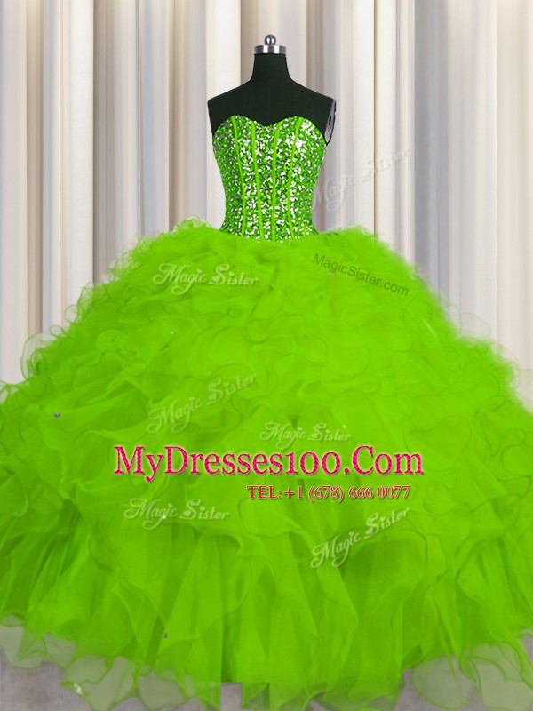 Visible Boning Sweetheart Sleeveless Tulle 15 Quinceanera Dress Beading and Ruffles and Sequins Lace Up