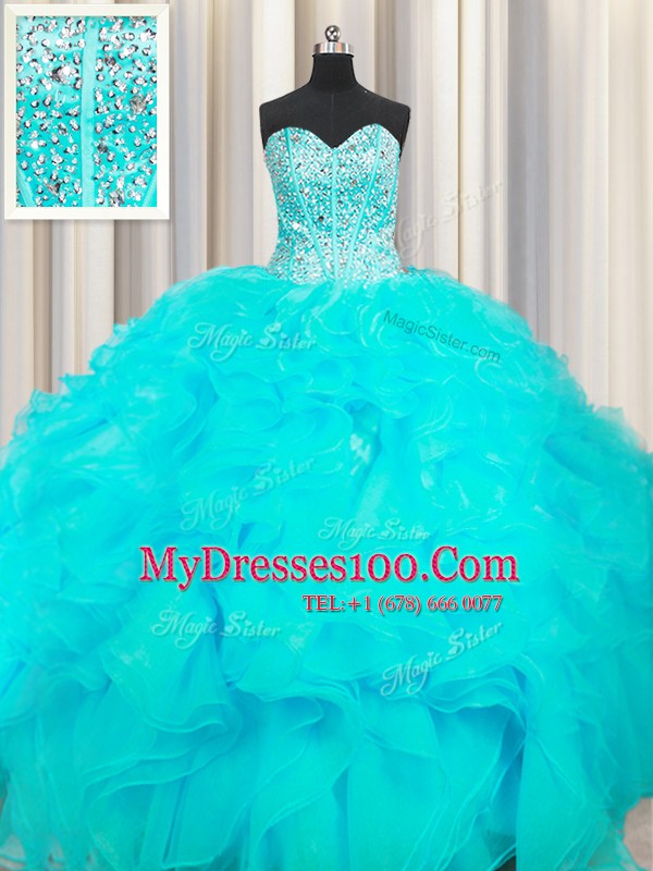 Visible Boning Beaded Bodice Ball Gowns Quinceanera Dresses Aqua Blue Sweetheart Organza Sleeveless Floor Length Lace Up