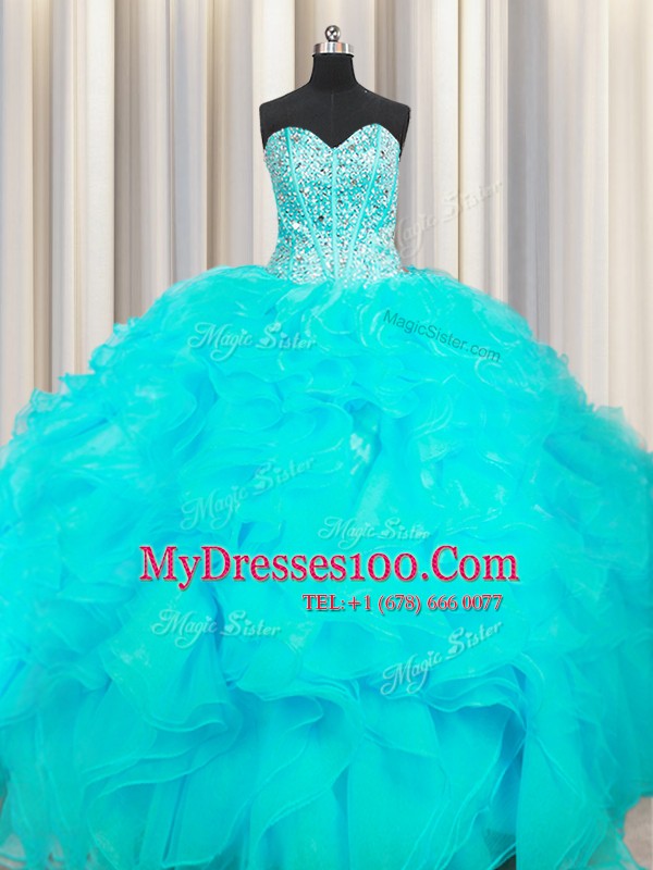 Visible Boning Beaded Bodice Ball Gowns Quinceanera Dresses Aqua Blue Sweetheart Organza Sleeveless Floor Length Lace Up