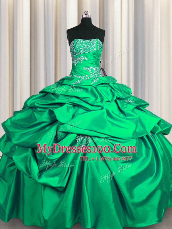 Romantic Pick Ups Floor Length Turquoise Sweet 16 Dresses Strapless Sleeveless Lace Up