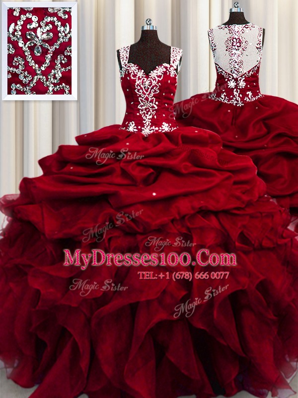 Sequins See Through Straps Sleeveless Zipper 15 Quinceanera Dress Wine Red Organza