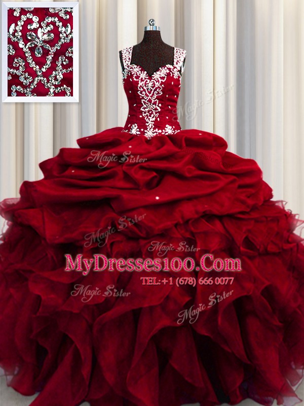 Sequins See Through Straps Sleeveless Zipper 15 Quinceanera Dress Wine Red Organza