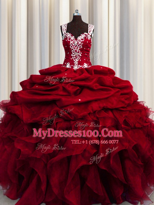 Sequins See Through Straps Sleeveless Zipper 15 Quinceanera Dress Wine Red Organza