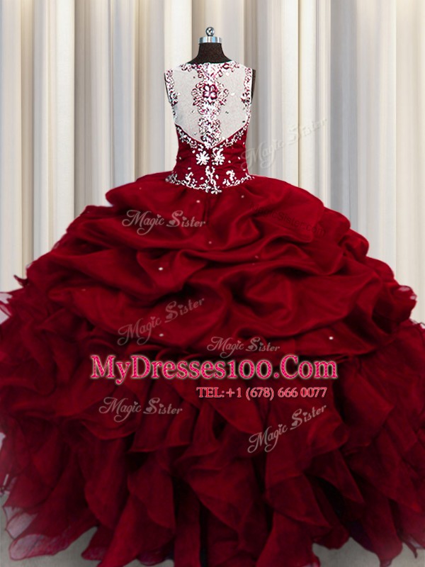 Sequins See Through Straps Sleeveless Zipper 15 Quinceanera Dress Wine Red Organza