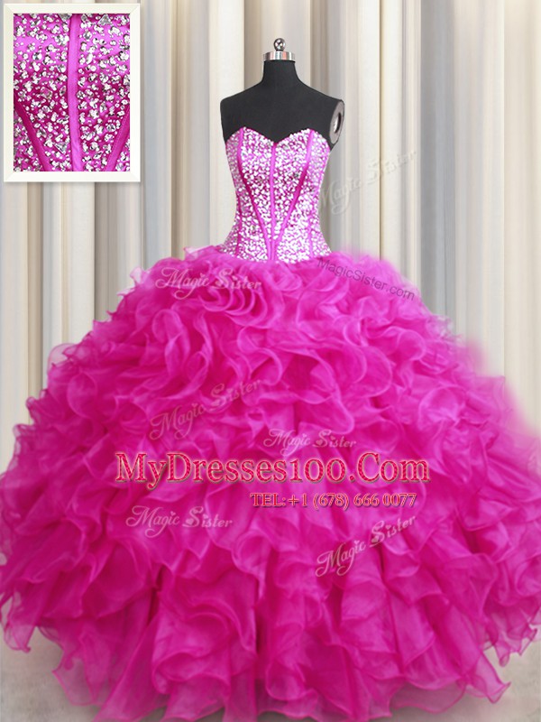 Visible Boning Bling-bling Ball Gowns Sweet 16 Dresses Hot Pink Sweetheart Organza Sleeveless Floor Length Lace Up